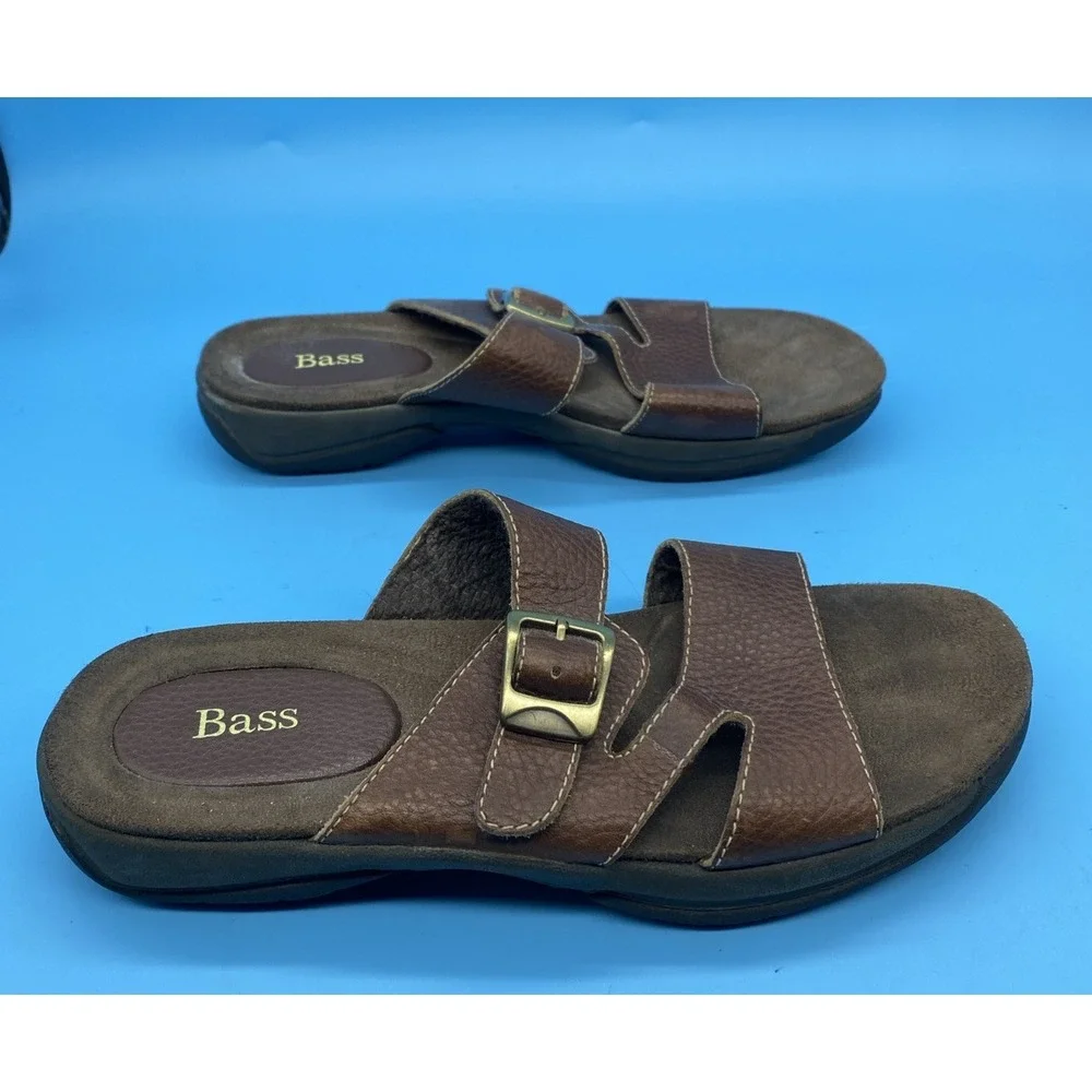 GH Bass Carson Brown Leather Single Buckle Slide Sandals Womens Size 8 M Y2K